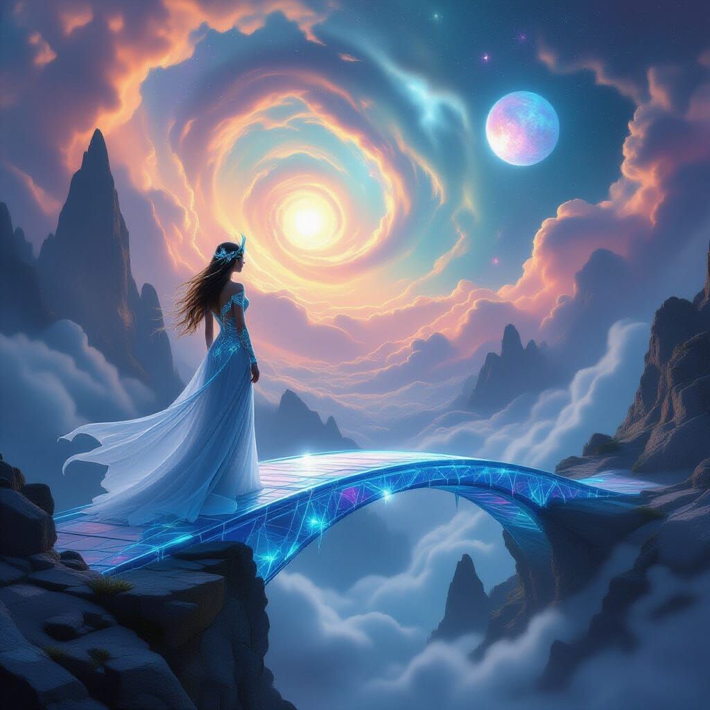 Ethereal Elf on Cosmic Nebula Bridge