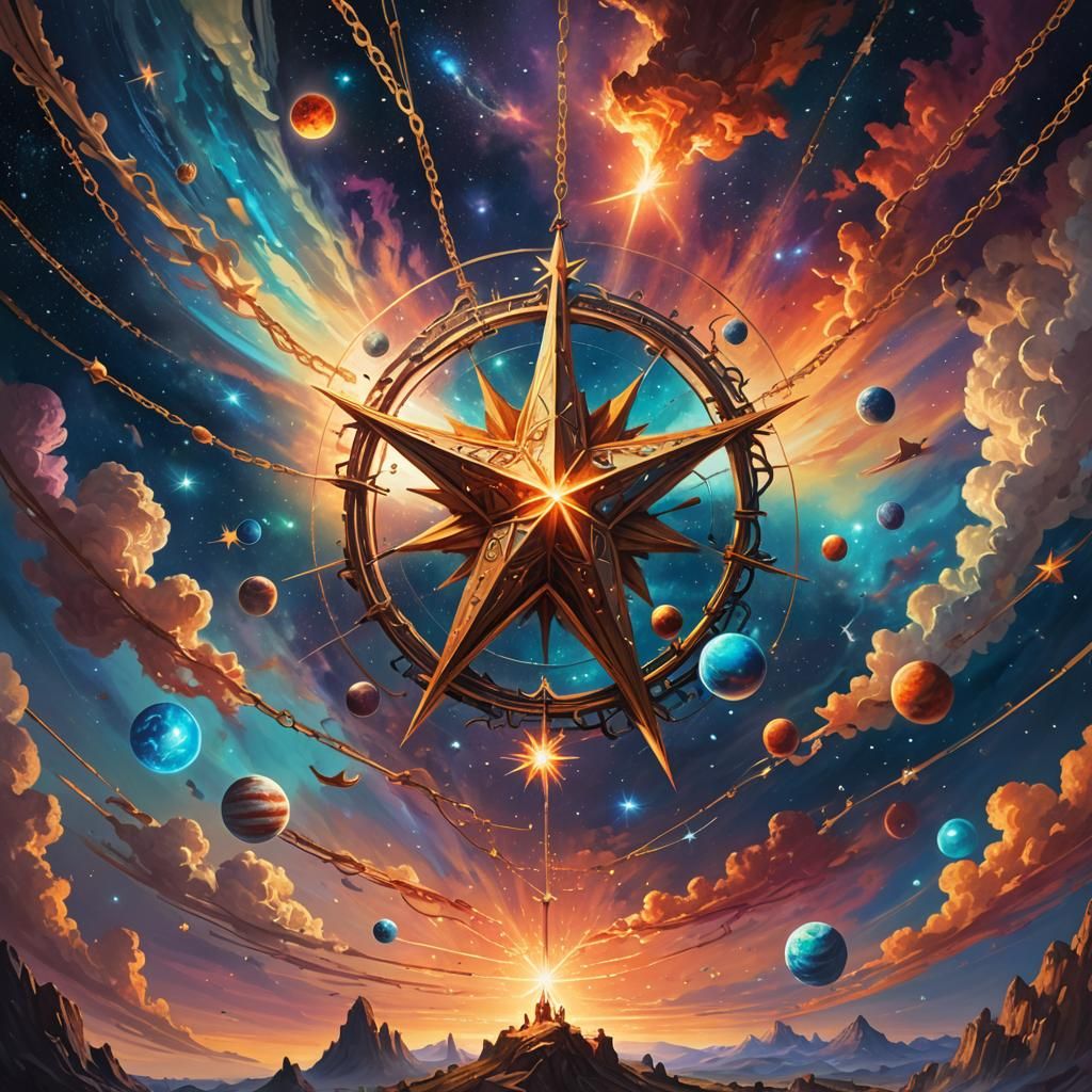 Star Chained to Planets: Surreal Oil Painting