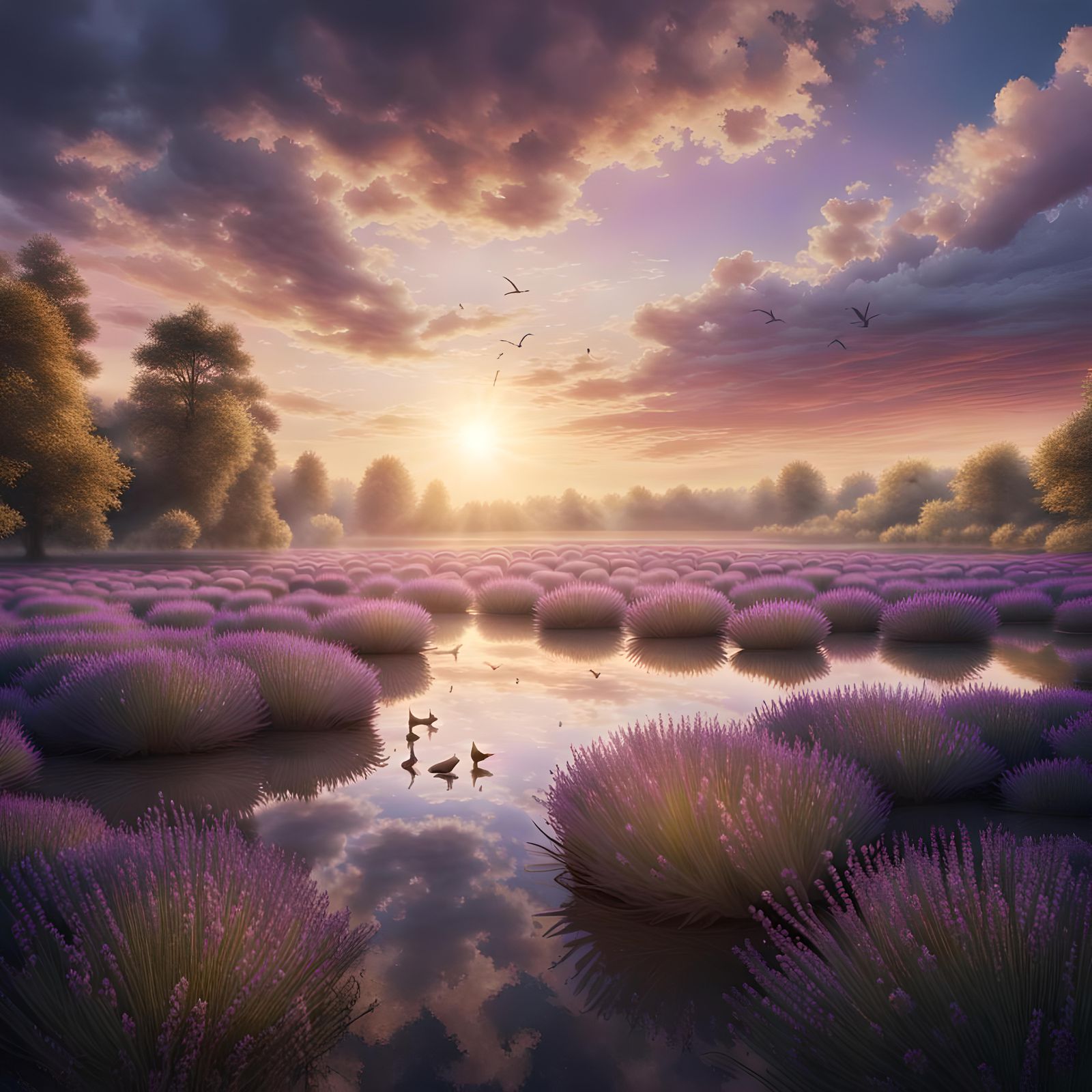 Lavender Field Sunset: Hyperrealistic Digital Painting