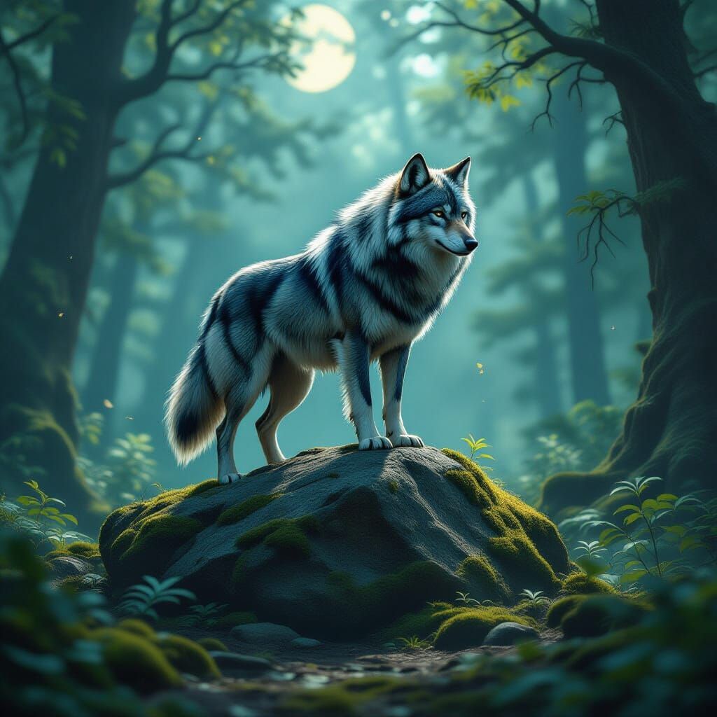 Majestic Alpha Wolf on Mossy Rock in Moonlight