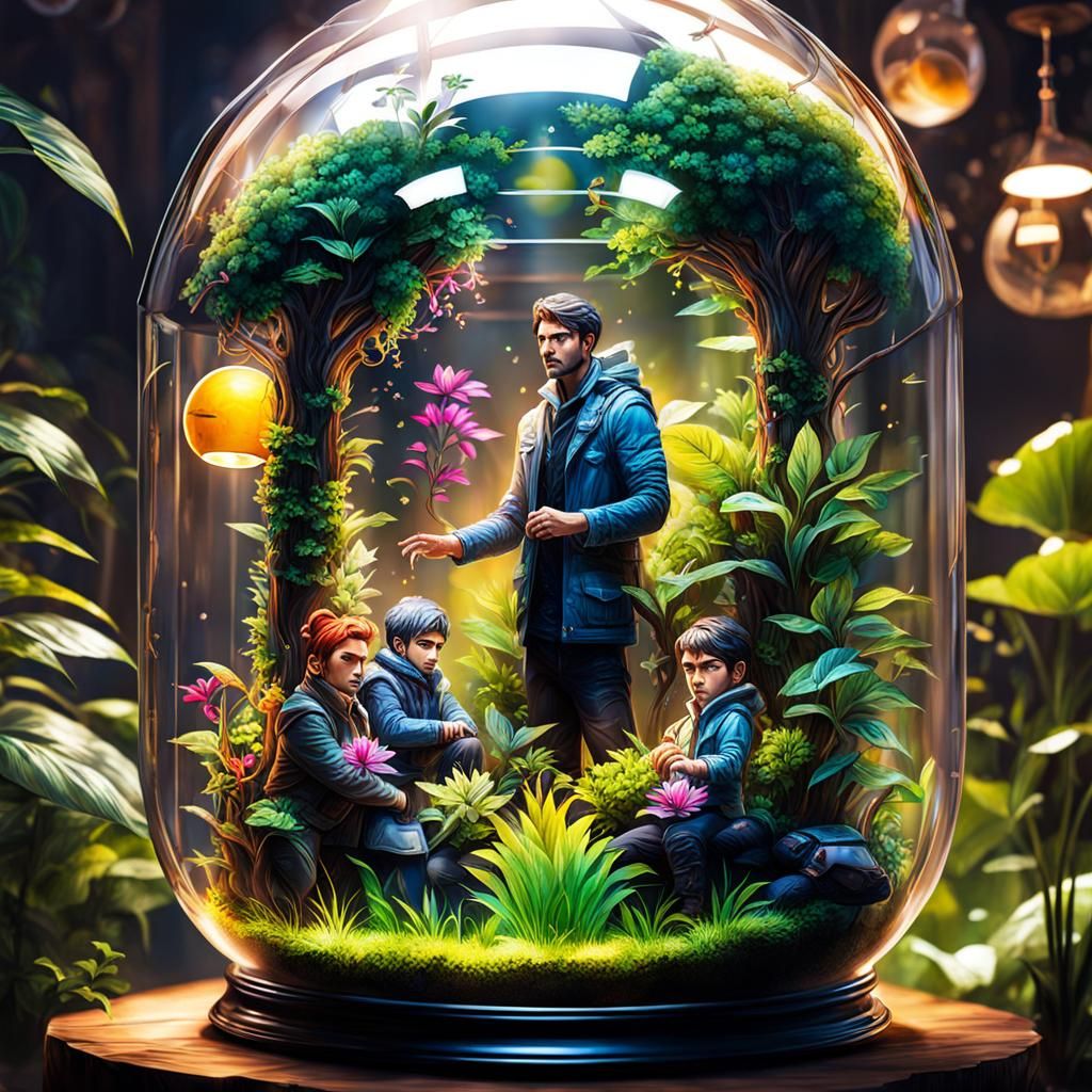 Tiny Humans in Terrarium: Hyperrealistic Splash Art