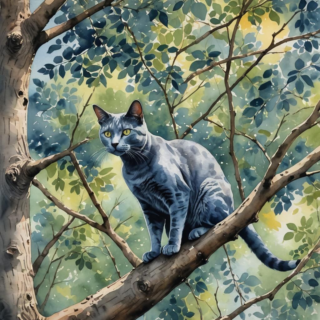 Russian Blue Cat Climbing Tree: Watercolor Painting