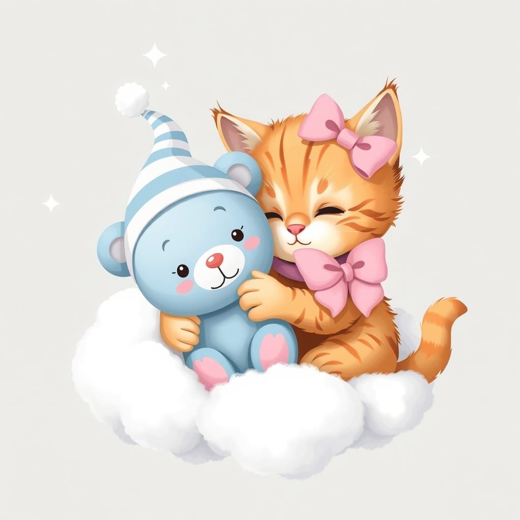 Kawaii Kitten Cuddles Teddy Bear on Cloud