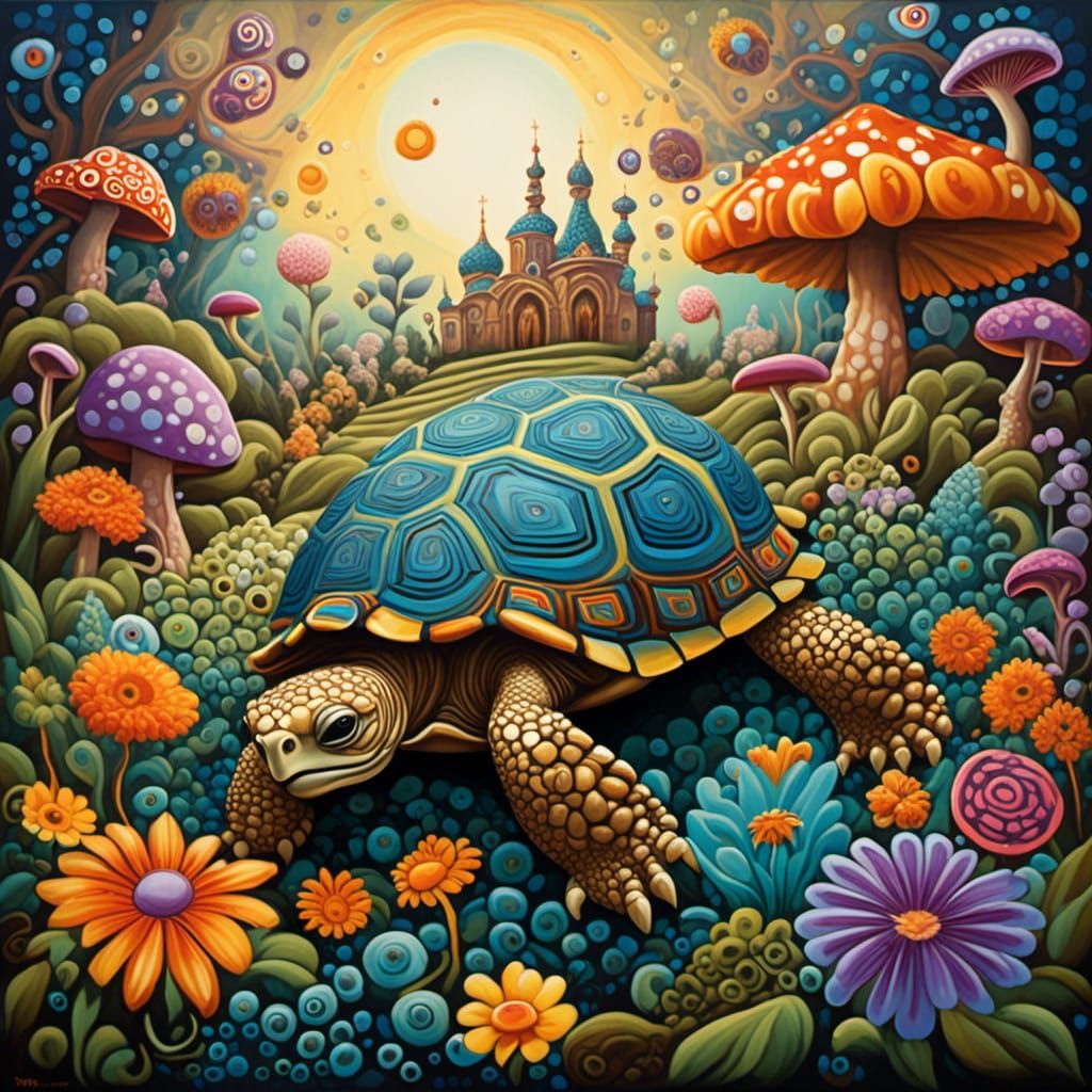 Whimsical Tortoise in Surrealist Garden
