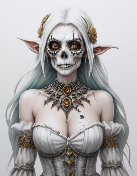 Sad Undead Elf Lady in Shredded Dress with Diamond Jewelry