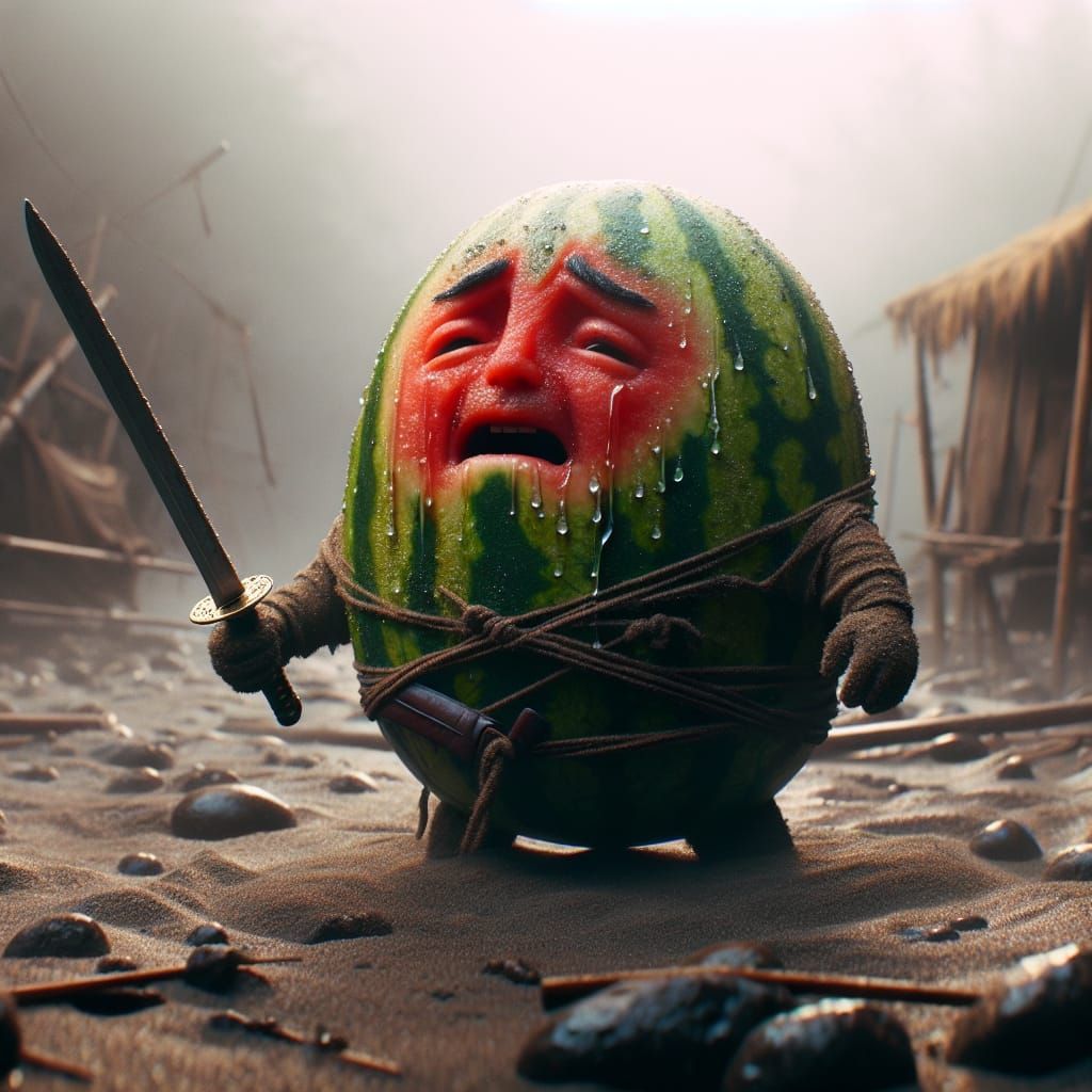Watermelon Warrior in Dystopian Swamp: Hyper-Realistic Photo