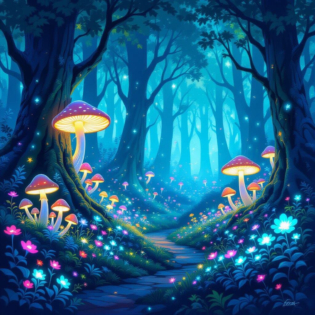 Bioluminescent Forest with Fantastical Flora
