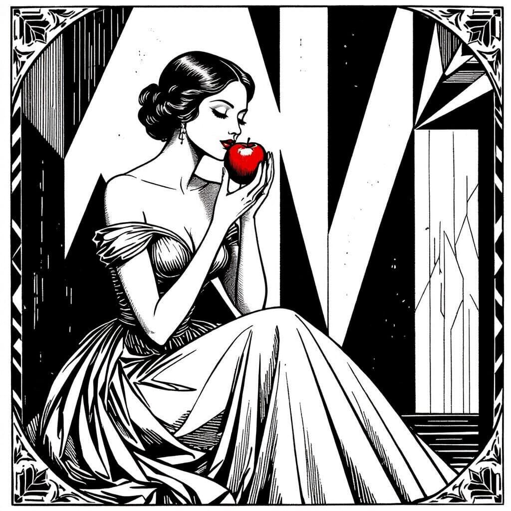 Elegant Woman Eating Apple in Woodcut Style