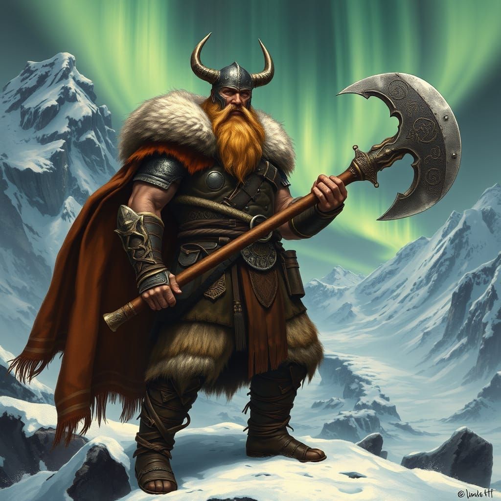 Viking Warrior in Snow-Capped Fjord Landscape