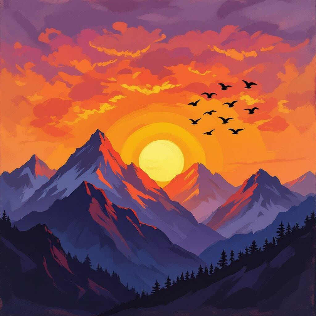 Oil Pastel Sunset Over Mountains with Birds