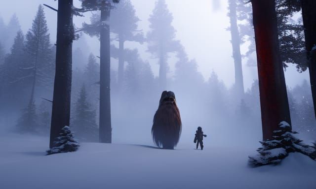 Wookiee in a Snowy Forest: Detailed Matte Painting