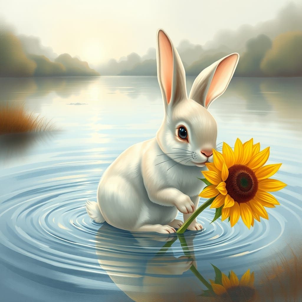 Ethereal Water Rabbit Emerges from Silver River with Sunflow...