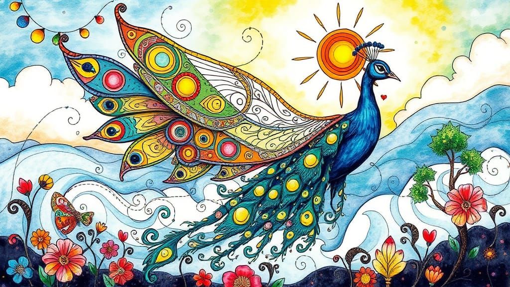 Whimsical Fairy and Peacock Alcohol Ink Illustration