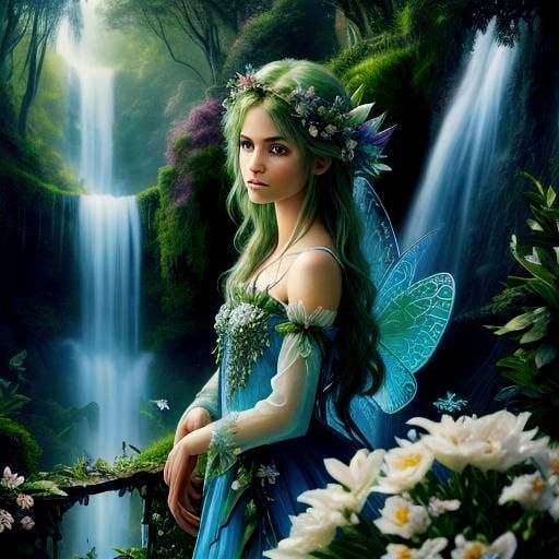 Fairies by Waterfall in Beautiful Garden View