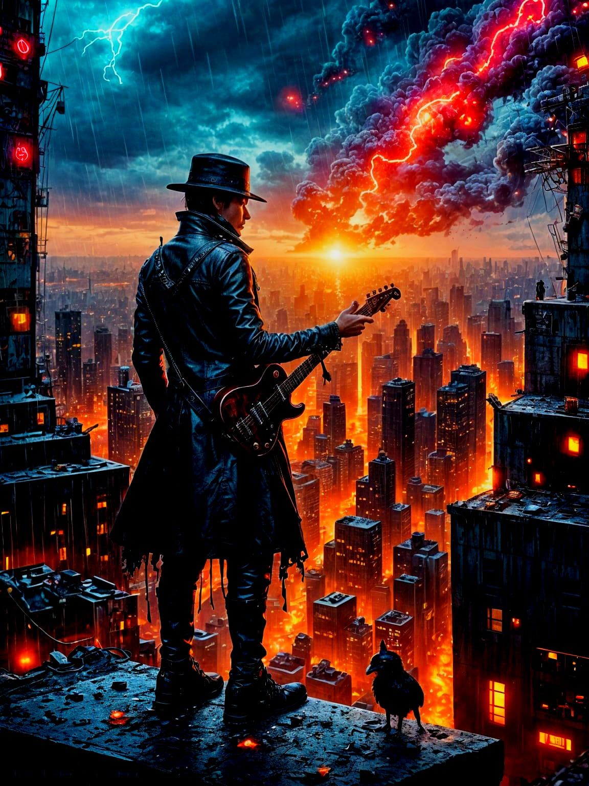 Dark Fantasy Musician on Rooftop Overlooking Neon City