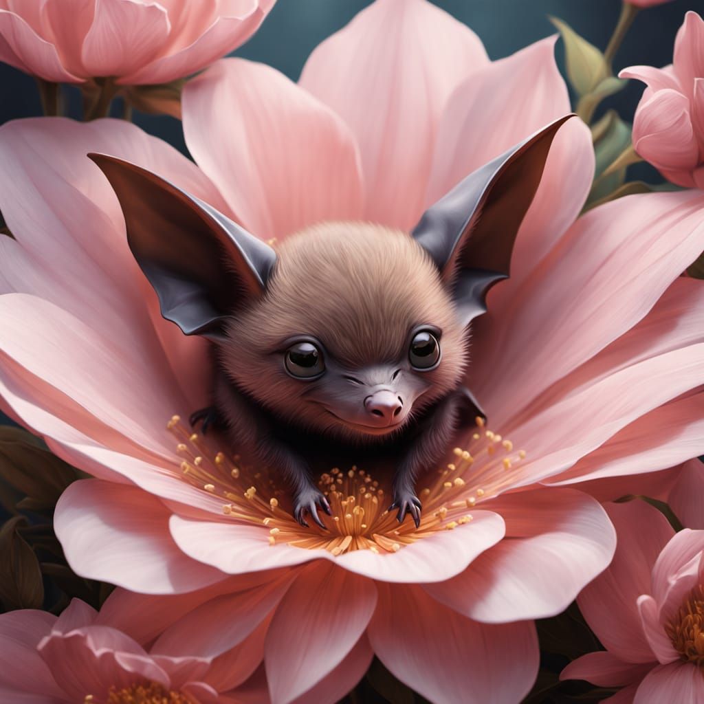 Baby Bat in Giant Pink Flower Impressionistic Oil Painting
