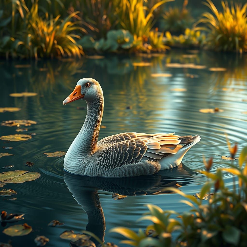 Serenely Swimming Goose in Lush Fantasy Landscape