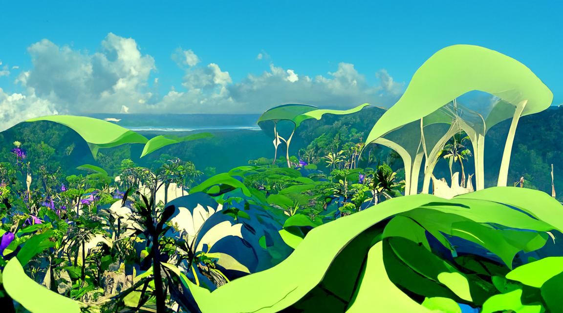 A lush green Hawaiian jungle with a blue ocean view on the horizon Roger Dean Pablo Picasso Rebecca Sugar academic art a...
