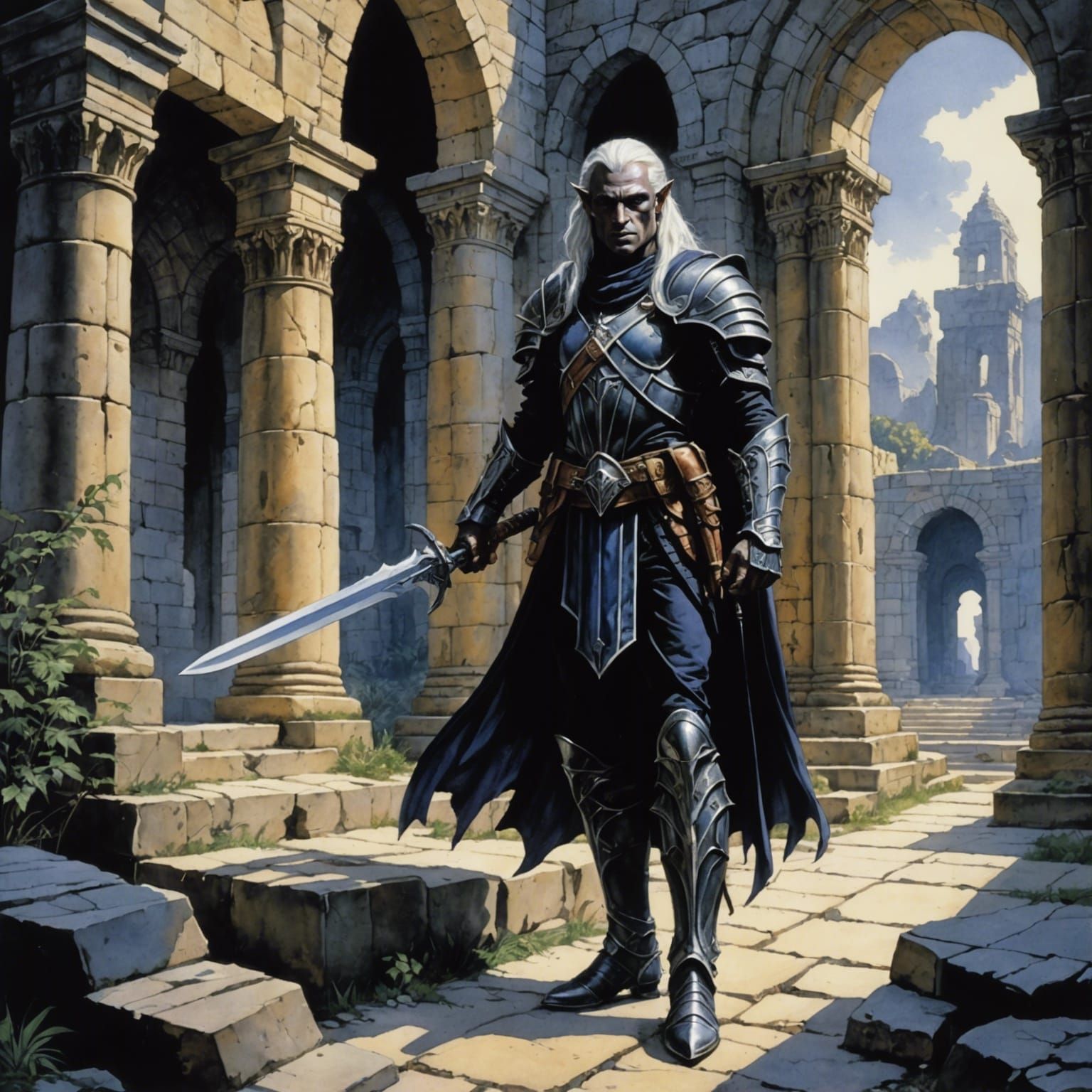 Dark Elf Warrior in Watercolor Fantasy Ruins