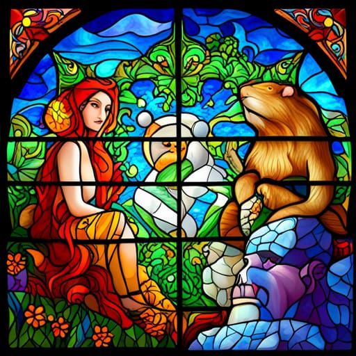 Stained glass windows representing the seasons spring with frogs, summer with lions and fire, autumn with leaves and sku...
