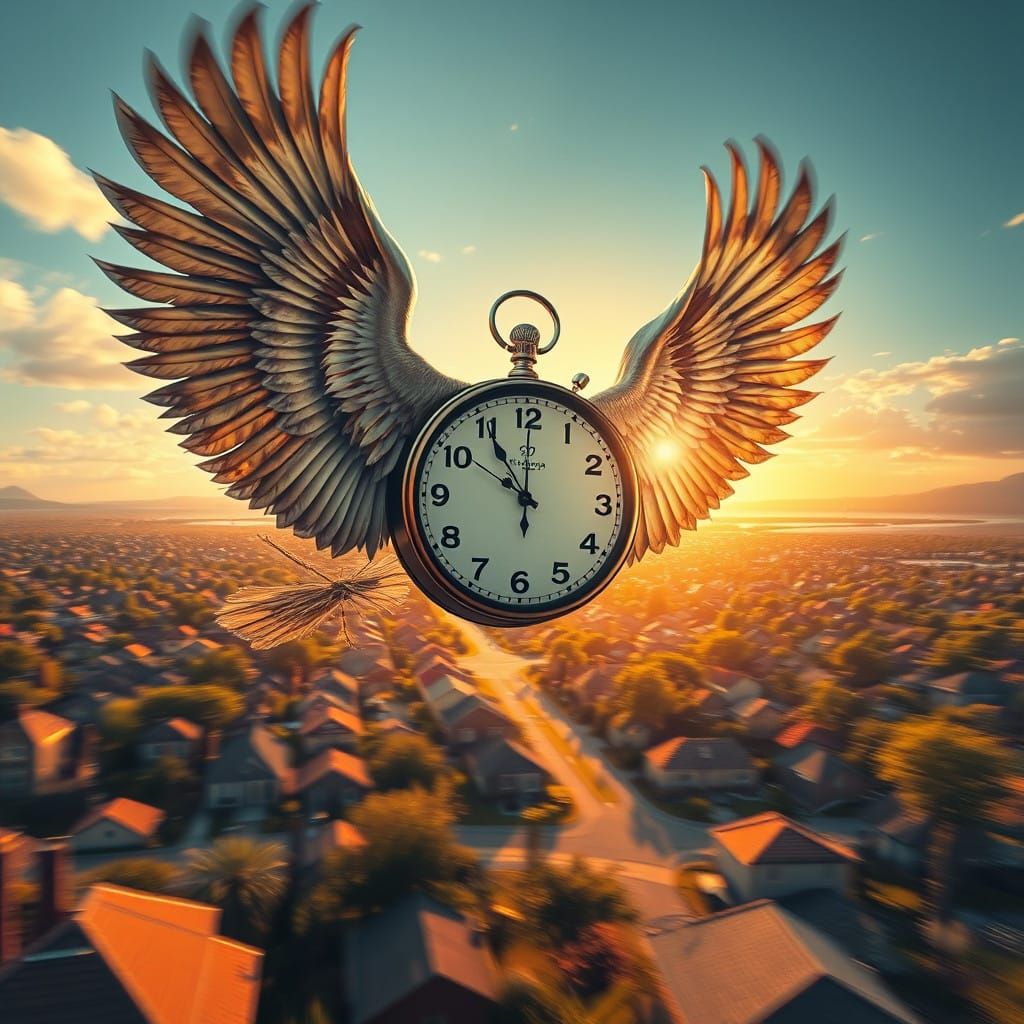 Surreal Clock Spreads Its Wings Over Suburban Skies
