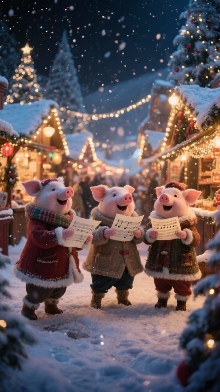 Magical Christmas Market at Night with Singing Pigs