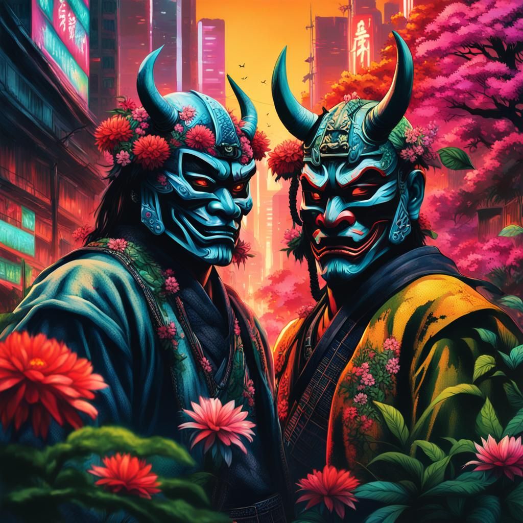 Samurai Warriors in Post-Apocalyptic Neon Jungle