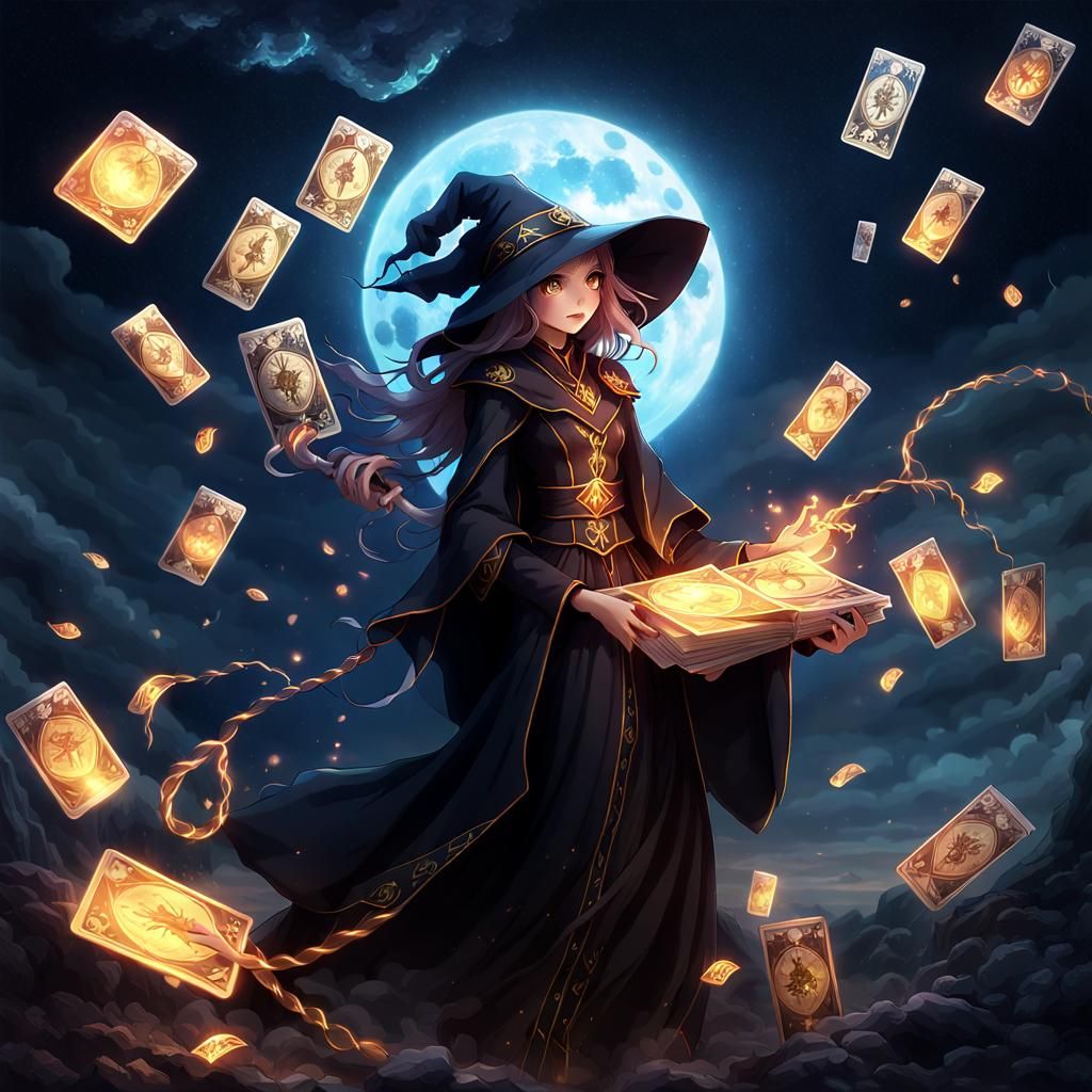 beautiful witch with Tarot Card Deck floating in the air
