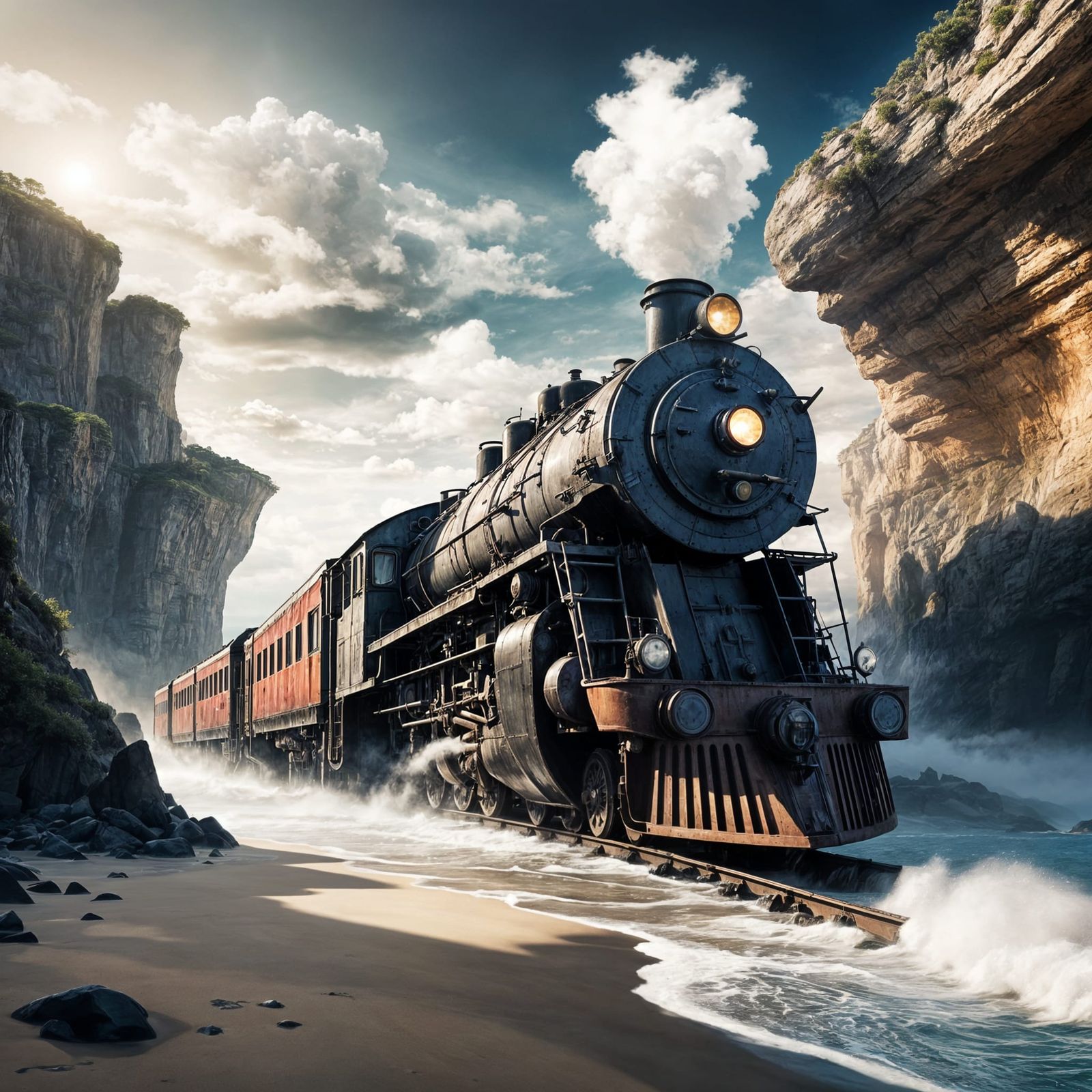 Surreal Coastal Train Emerges from Cliffs