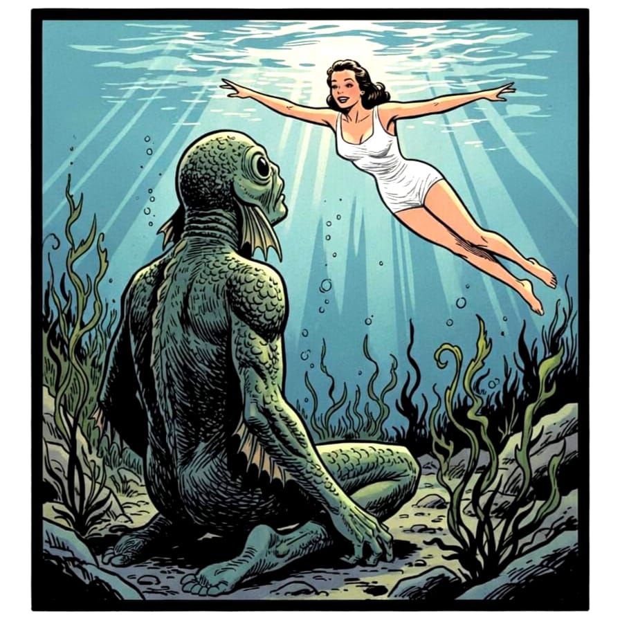 Gill-Man Watches Swimmer From Lake Bottom in Vintage Comic S...