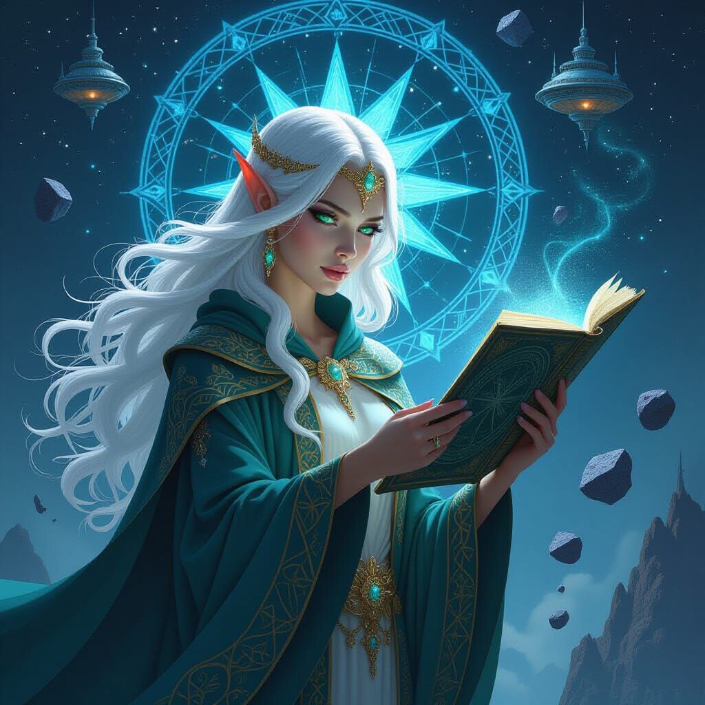 Elven Queen Studies Celestial Map in Dark Fantasy Style