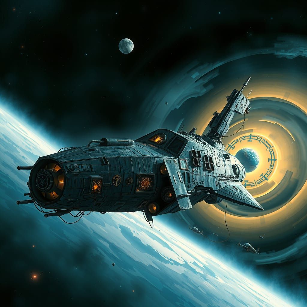 Weathered Space Freighter Drifting Through Nebula