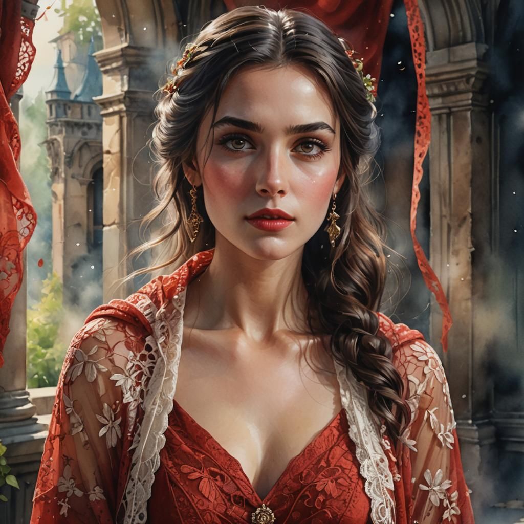 Watercolor Portrait of Woman in Red Dress