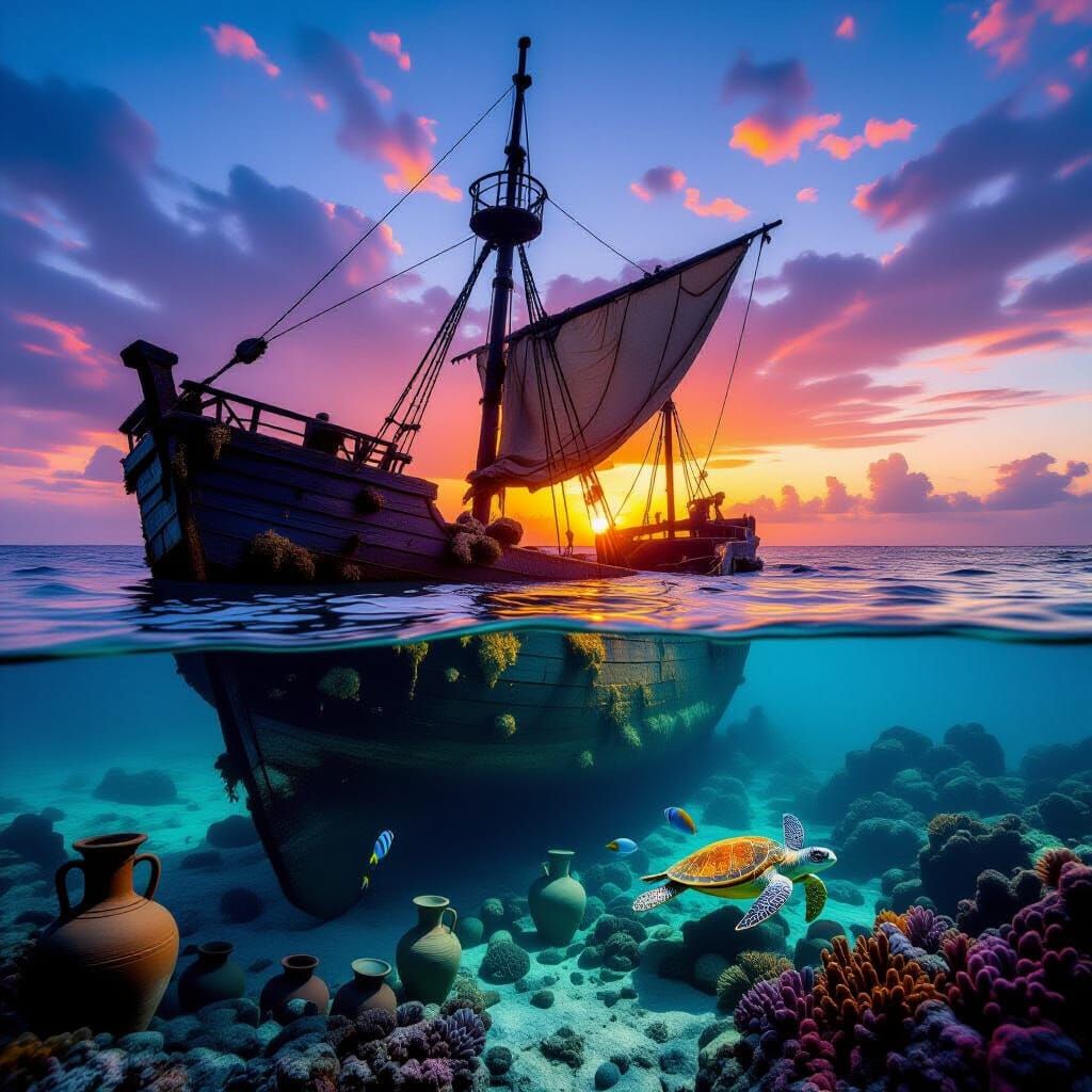 Ancient Shipwreck at Sunset Off African Coast in Oil Paintin...