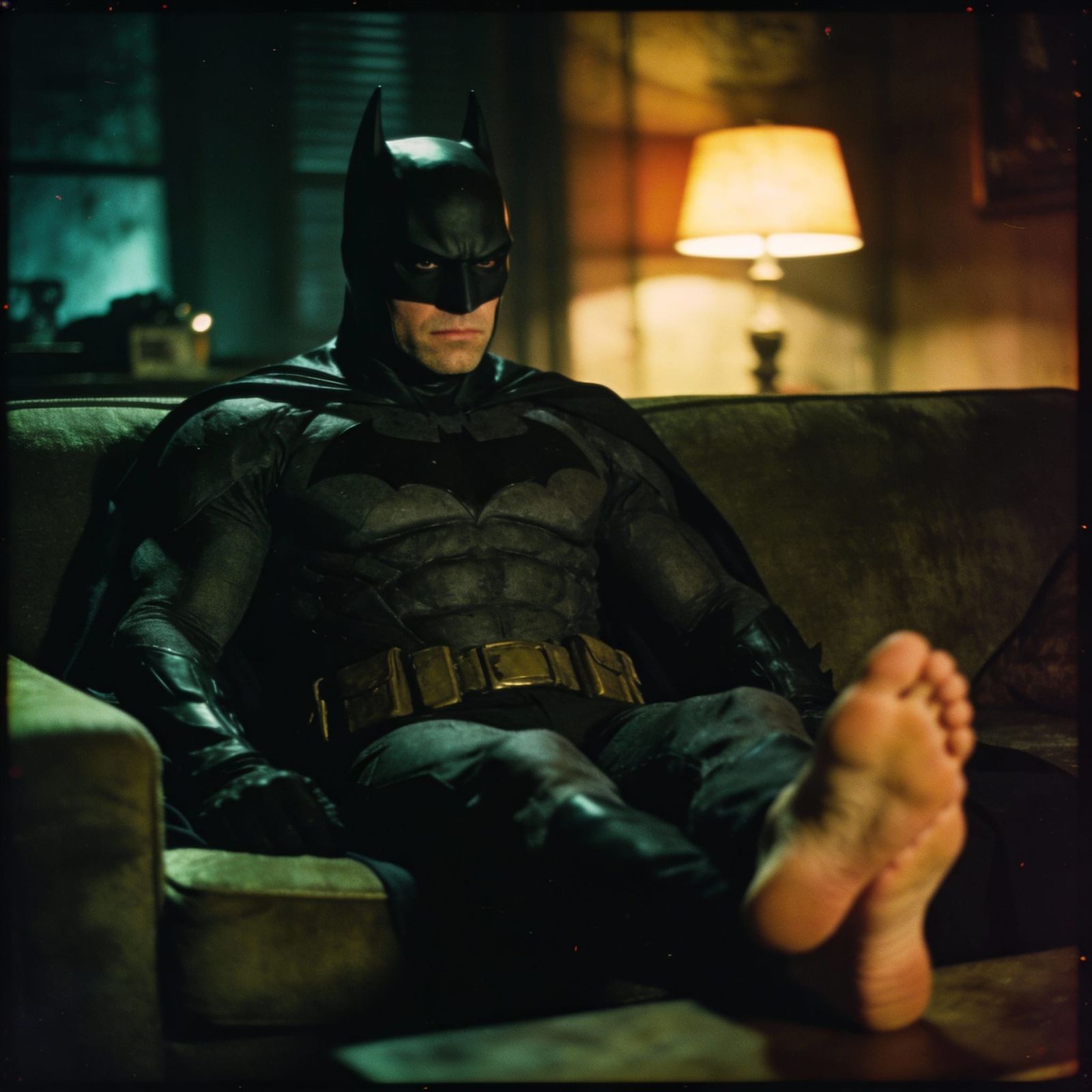 Batman Relaxing Shoeless on a Couch