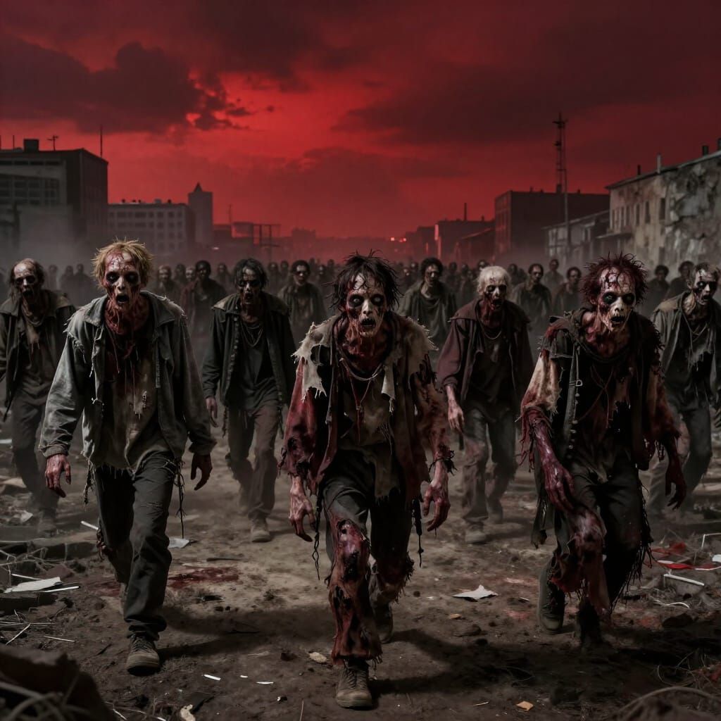 Vast Zombie Horde Under Blood Sky in Concept Art Style