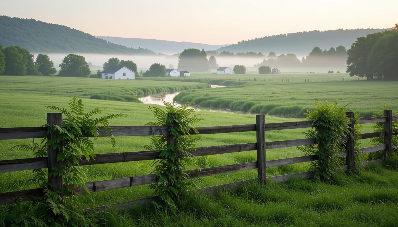 Verdant Valley Prairie with Overgrown Fences at Dawn