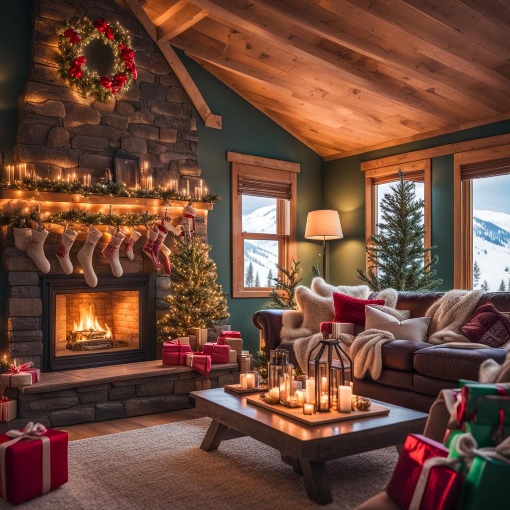 Festive Christmas Living Room with Northern Lights