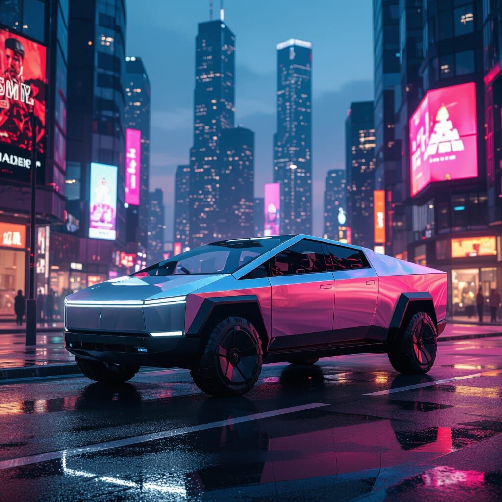 Futuristic Cybertruck on Neon City Street