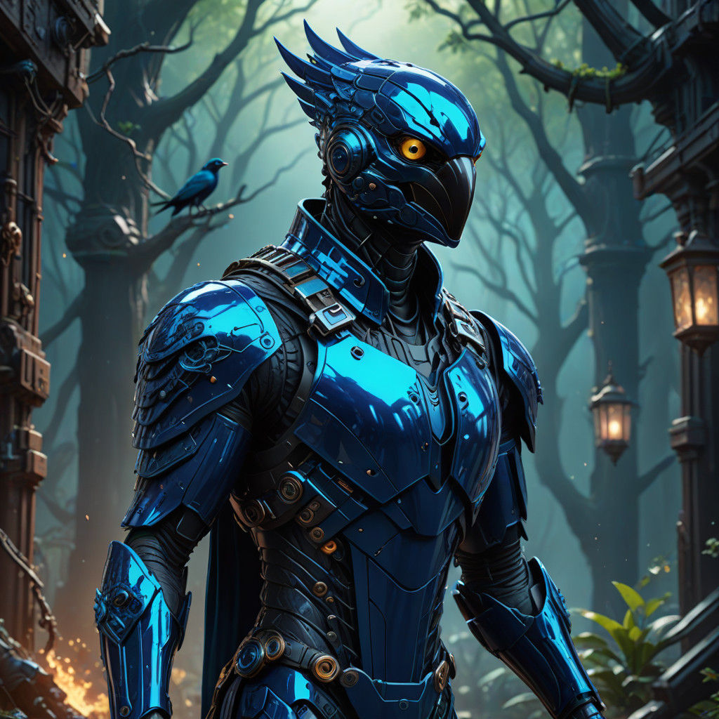 Cybernetic Starling in Vibrant Fantasy Landscape