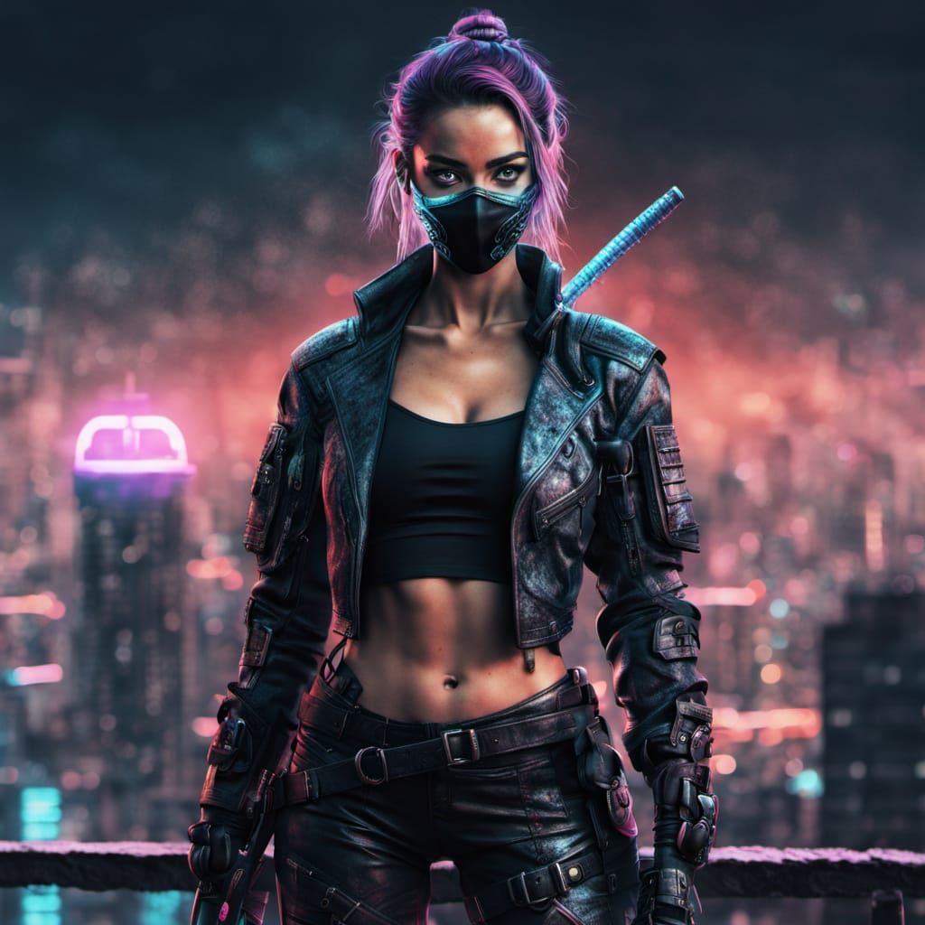 Cyberpunk Ninja on Neon Rooftop as Digital Art