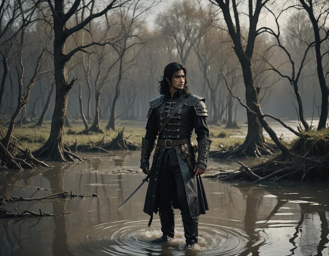 Gothic Hunter on Flooded Island in Anime Style