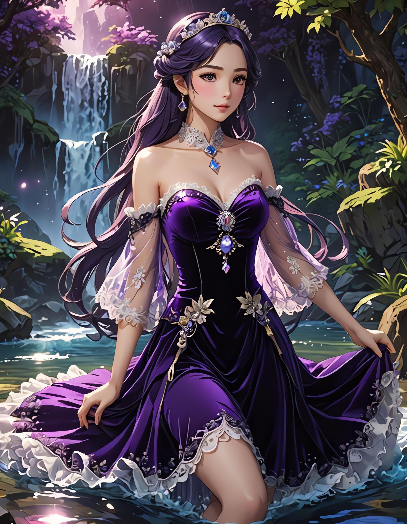 Royal Purple Velvet Dress as Anime Illustration