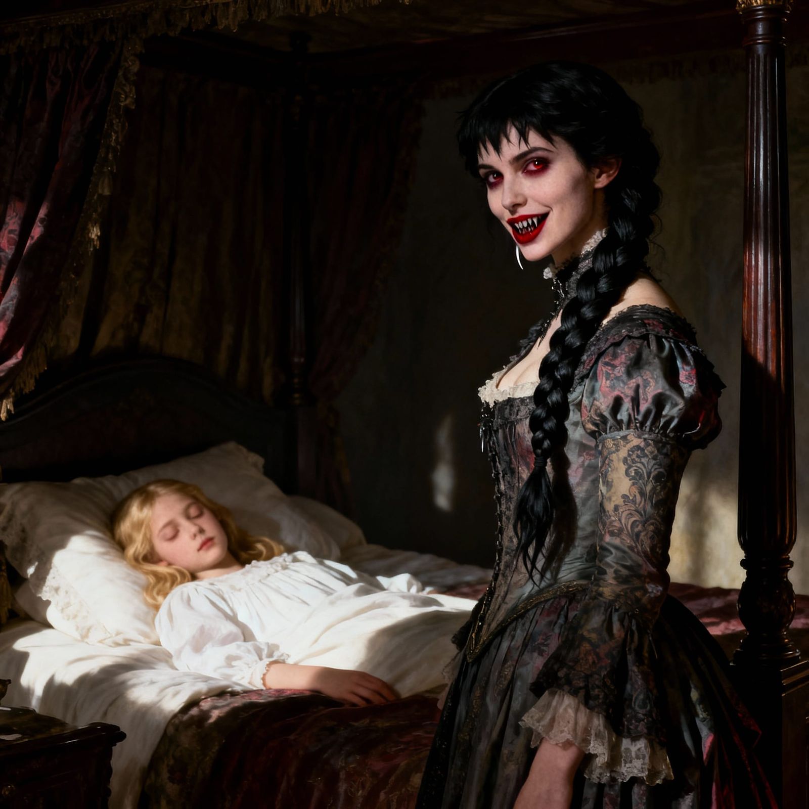 Victorian Woman With Crimson Lips and Hidden Fangs