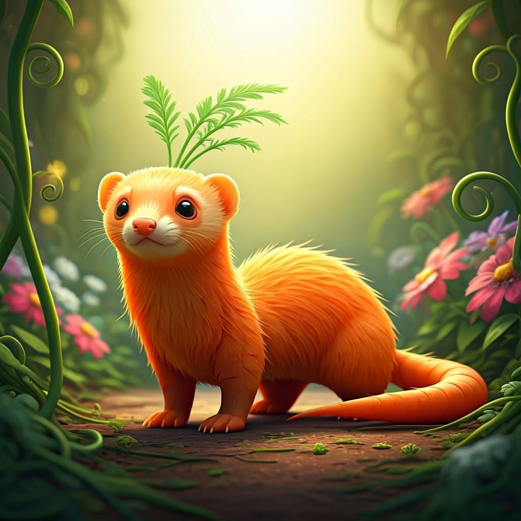 Whimsical Carrot Ferret in a Lush Garden