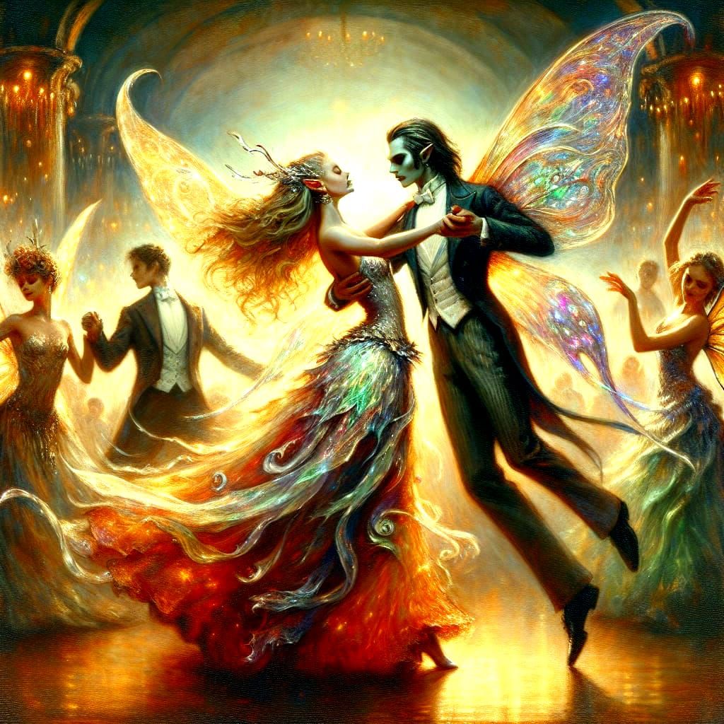 Monster high school formal prom.  Vampire and fairy with hug...