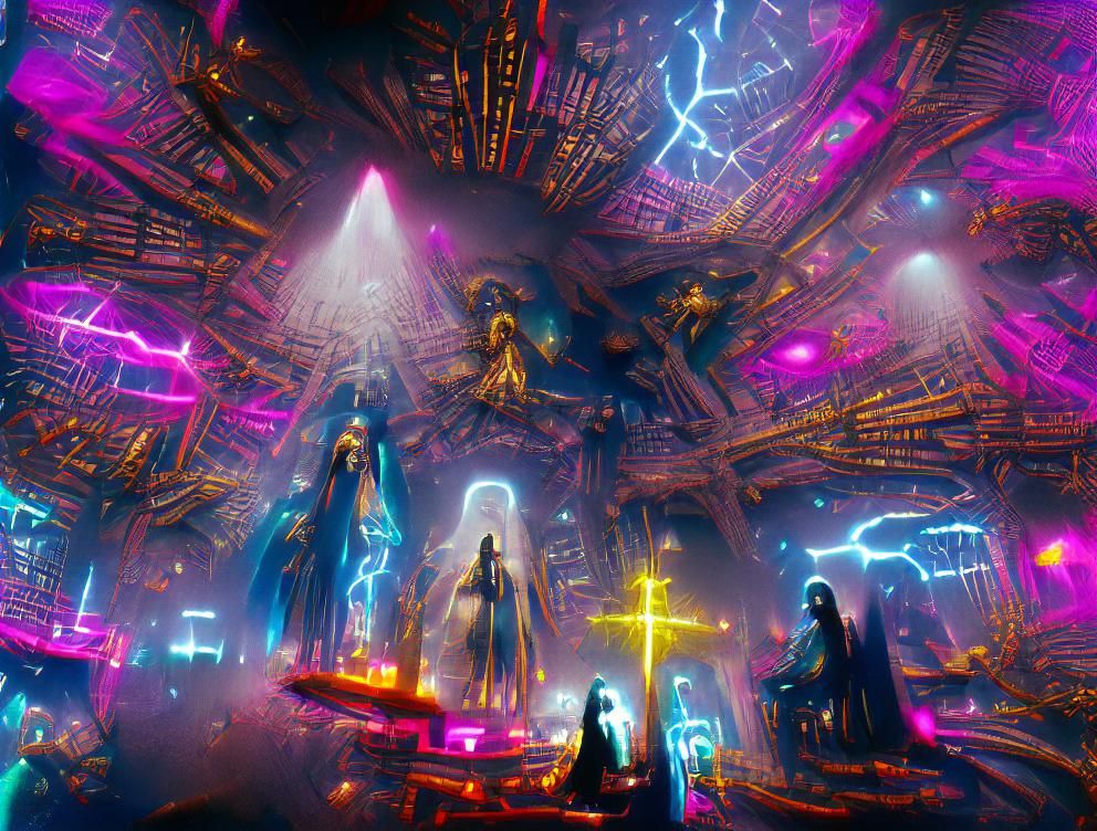 Celestial Council Oversees Neon Cyberpunk World