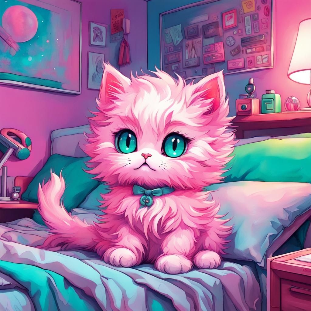 Pastel Kitten Plays in Teen Bedroom, Watercolor