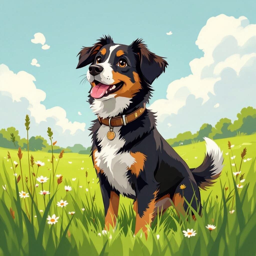 Loyal Canine in Lush Meadow, Dreamy Art Style