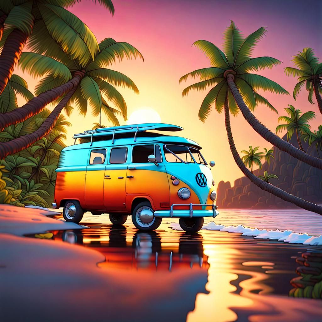 Colorful VW Van on Hawaiian Beach at Sunset